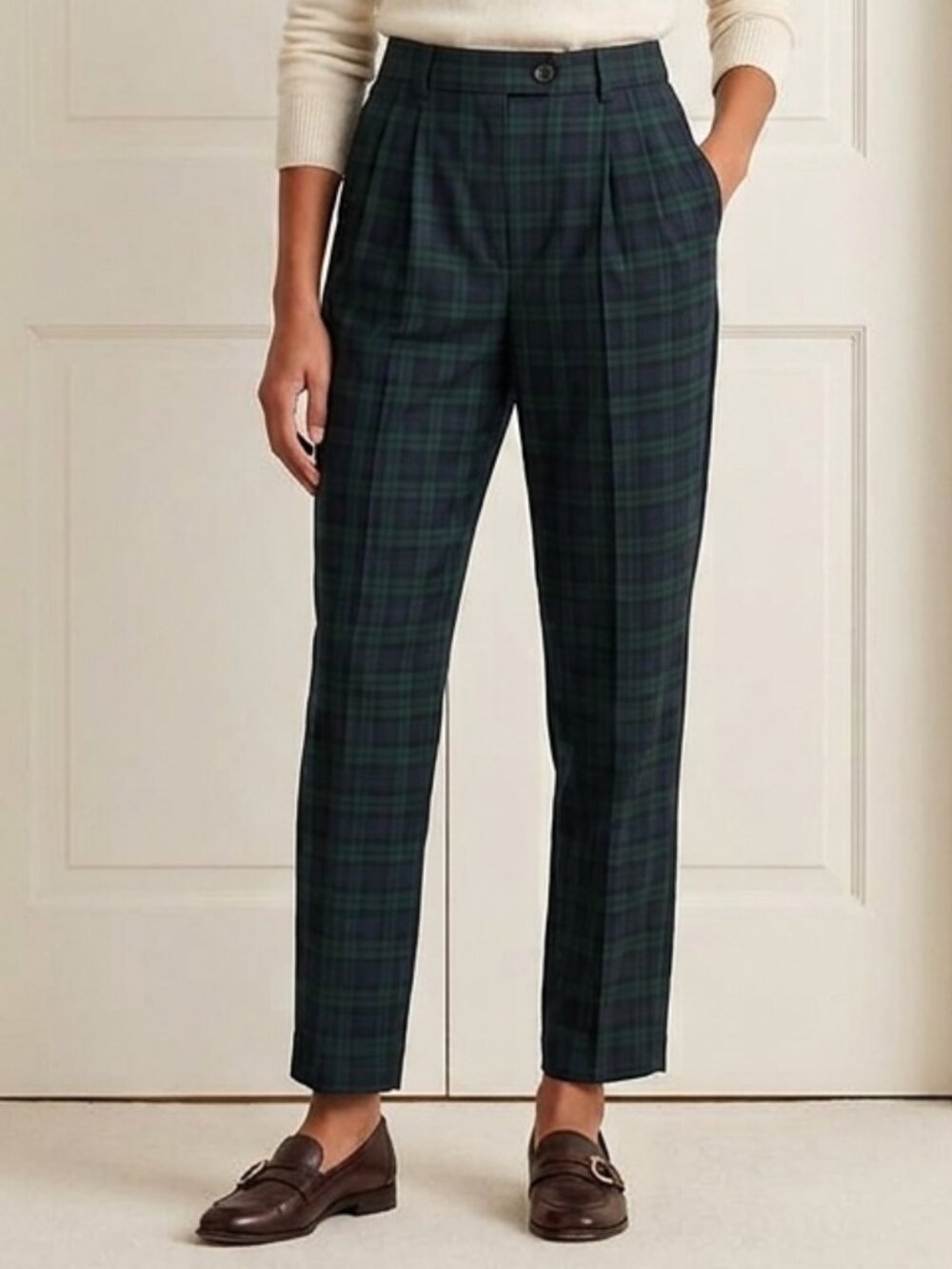 Vintage Van Heusen Green Blue Plaid Trousers High Waisted Wool Blend Size Small